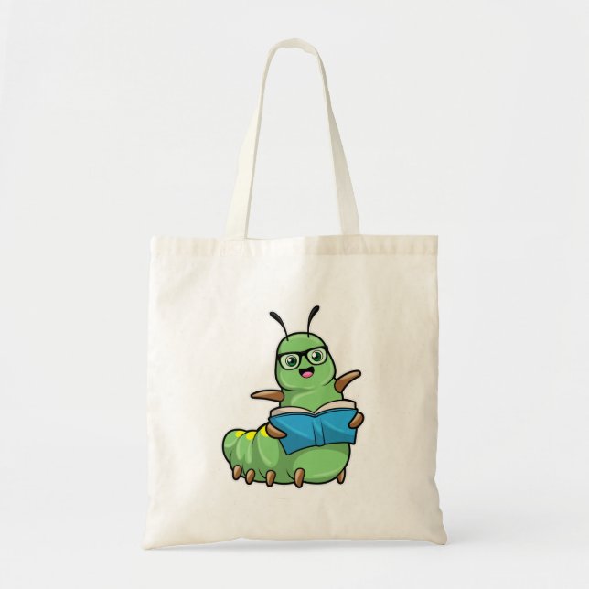Bolsa Tote Lagarta como Nerd de Livros e Óculos (Frente)
