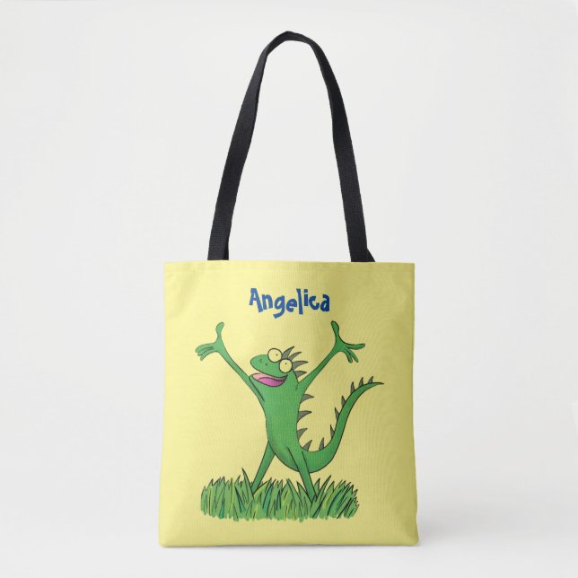 Bolsa Tote Lagarto animado animado com iguana verde engraçado (Frente)