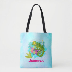 Bolsa Tote Lagarto Tropical com Flores no Azul Turquesa
