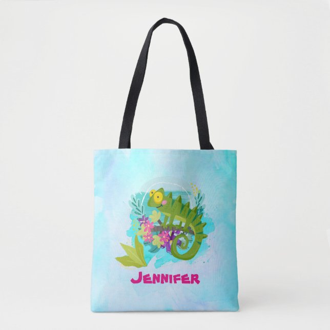 Bolsa Tote Lagarto Tropical com Flores no Azul Turquesa (Frente)