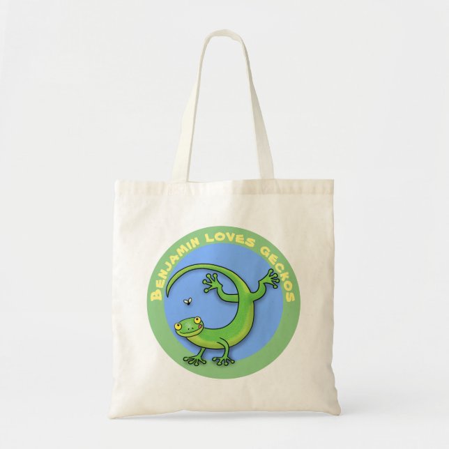 Bolsa Tote Lagarto verde-gecko bonito e feliz com desenho ani (Frente)