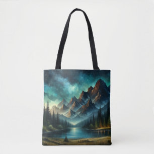 Bolsa Tote Lago de montanha/cabine sob as estrelas