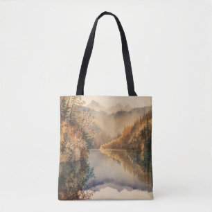 Bolsa Tote Lago de Montanha Outonal em Aquarela de Luxo