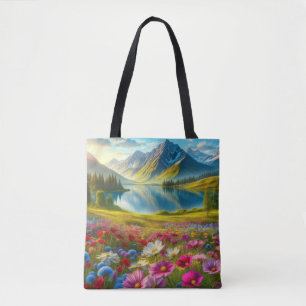 Bolsa Tote Lago de montanha primavera/floral colorida