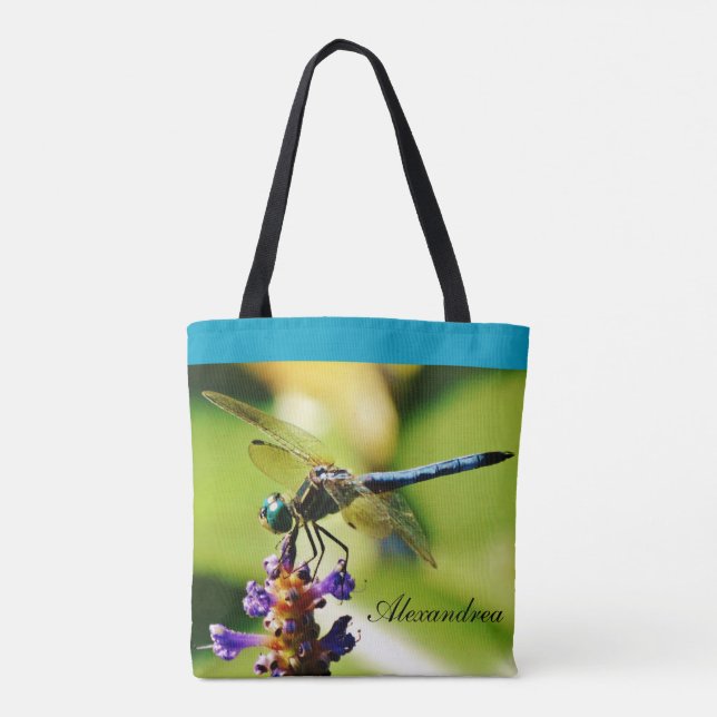 Bolsa Tote Lagoa de flores roxas de libélula azul teal sem no (Verso)