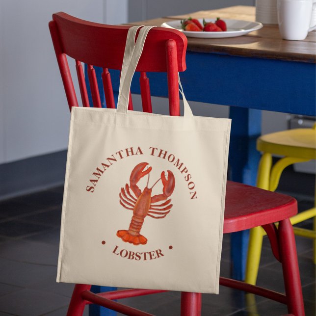 Bolsa Tote Lagosta Vermelha Náutica Simples, Caranguejo Azul  (Red lobster custom coastal seaside tote bag.)