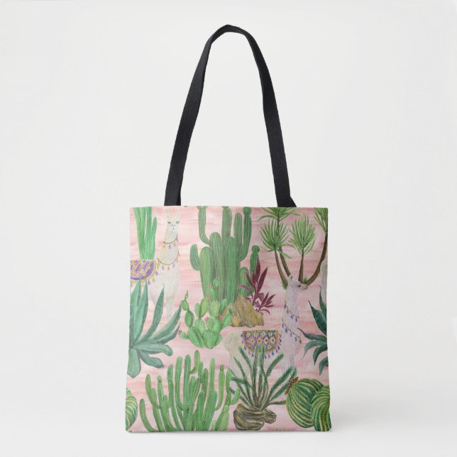 Bolsa Tote Lamas de aquarelas e cactos. (Frente)