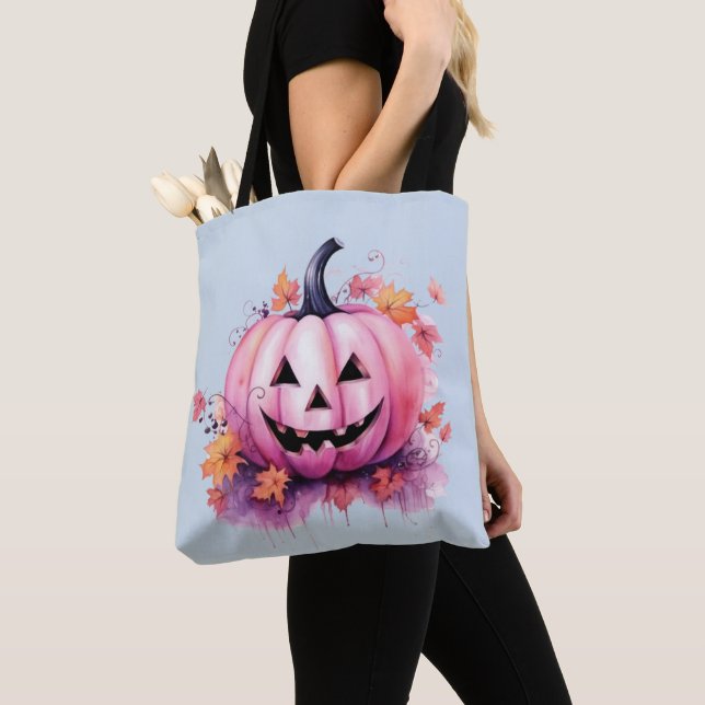 Bolsa Tote Lanterna Azul Rosa Jack-O' Luz Halloween (Close Up)