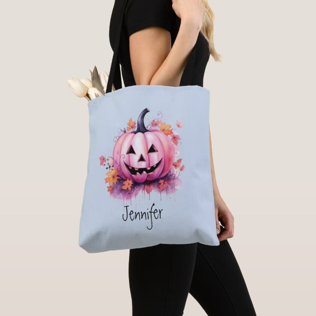Bolsa Tote Lanterna Azul Rosa Jack-O' Luz Halloween (Close Up)