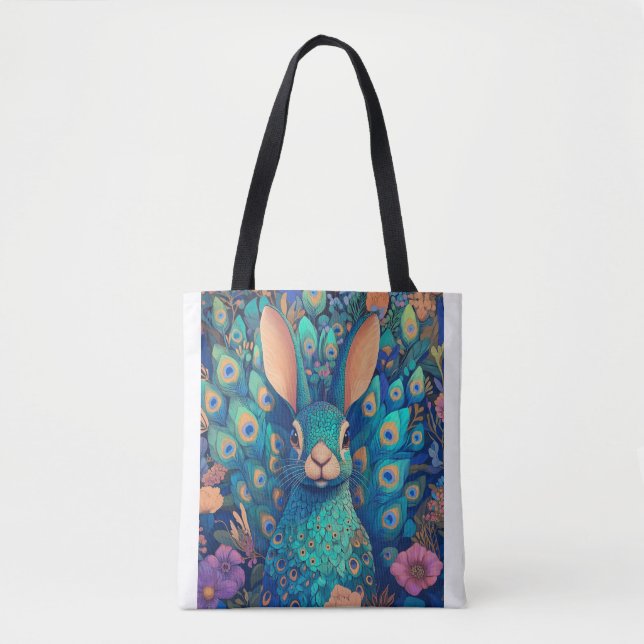 Bolsa Tote Lapin-paon turquoise dans un jardin enchanté (Frente)