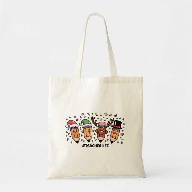 Bolsa Tote Lápis de Natal para Professores Vida de Professor  (Frente)