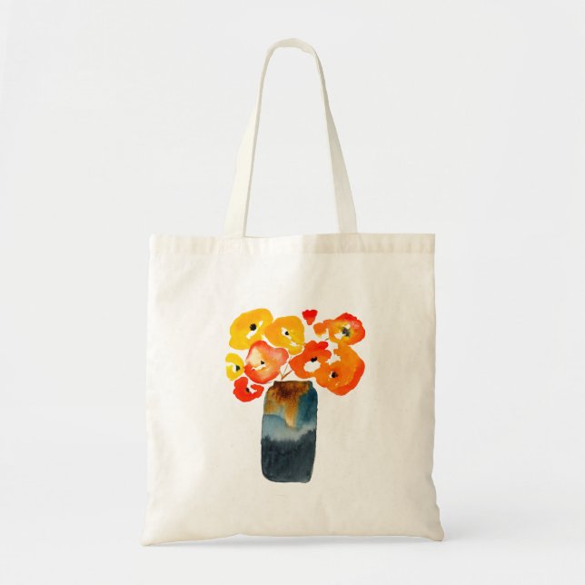 Bolsa Tote Laranja-aquarela e papoilas vermelhas (Frente)