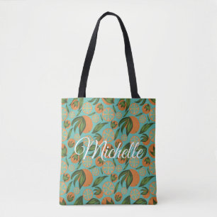 Bolsa Tote Laranja Aquarela Turquesa Botânica Personalizada