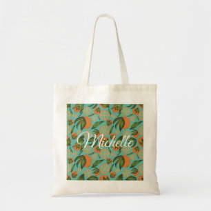 Bolsa Tote Laranja Aquarela Turquesa Botânica Personalizada