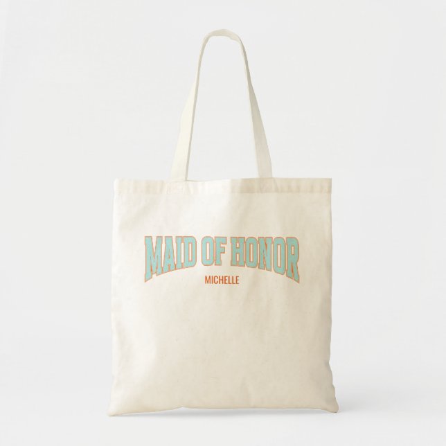 Bolsa Tote Laranja + Azul-menta Brilho Falso Varsity DAMA DE  (Frente)