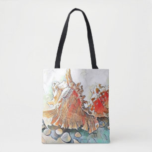 Bolsa Tote Laranja Conchas na pintura aquosa de praia