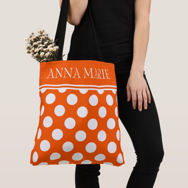 Bolsa Tote Laranja de Verão e Bolinhas Brancas Personalizadas (Close Up)