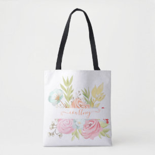 Bolsa Tote Laranja e cor-de-água rosa, floral personalizado 