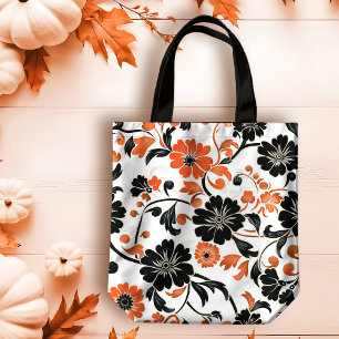 Bolsa Tote Laranja e Preto no Floral Branco
