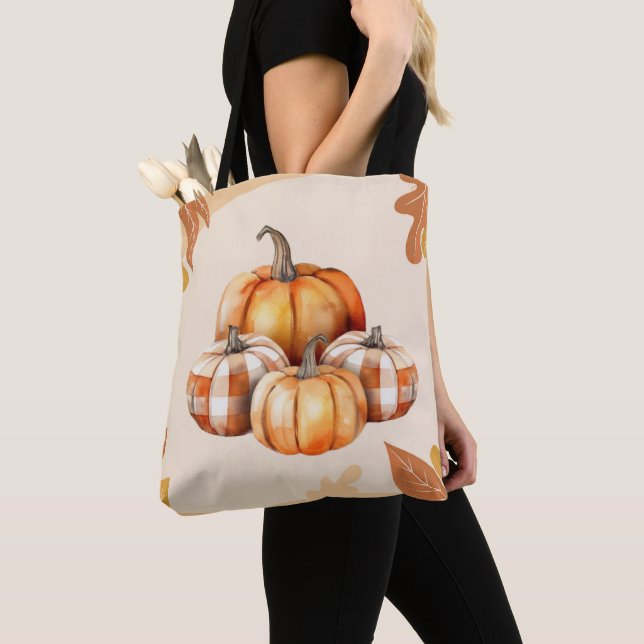 Bolsa Tote Laranja e Xadrez branca de abóboras  Brown Hallowe (Close Up)
