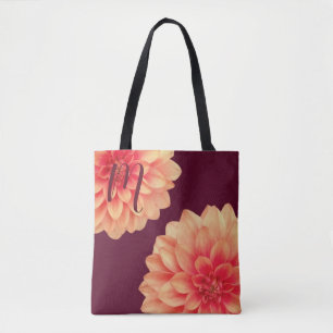 Bolsa Tote Laranja Elegante Flores de Dahlias Monograma de Bo