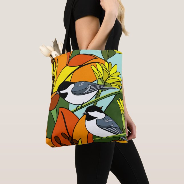 Bolsa Tote Laranja Floral Impressão e Chickadees (Close Up)