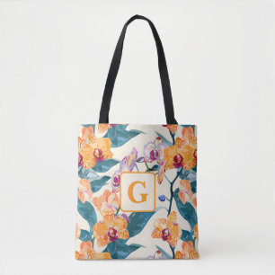 Bolsa Tote Laranja Orquídea monograma cobertor de velo