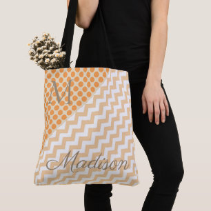 Bolsa Tote Laranja Peach Trendy Pontos Zig Girly Name Monogra