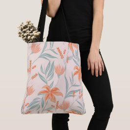 Bolsa Tote Laranja Suave e Floral Botânico de Pêssego e Sálvi
