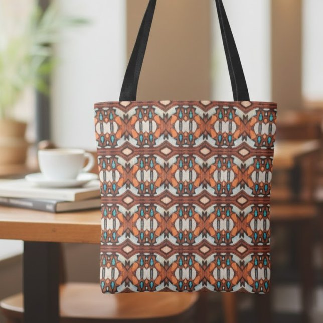 Bolsa Tote Laranja, Turquesa, Tribal Castanho Inspirado (Criador carregado)