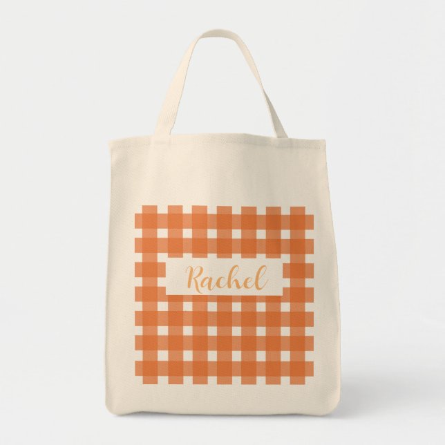 Bolsa Tote Laranja White Gingham Personalizado (Frente)