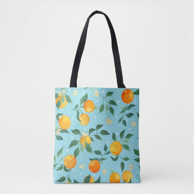 Bolsa Tote Laranjas, flores: padrão sem costura têxtil. (Frente)
