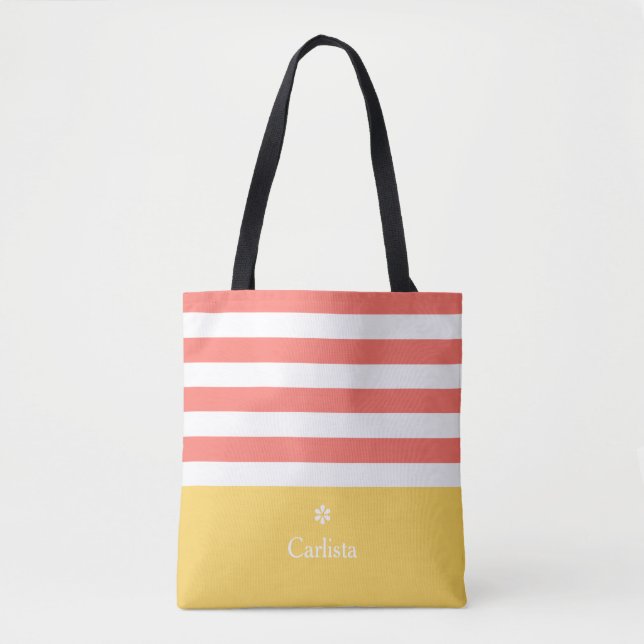 Bolsa Tote Largo Coral Horizontal Stripes Amarelo Nome Margar (Frente)