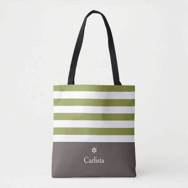 Bolsa Tote Largo Verde Horizontal Stripes Marrom Nome Marrom  (Frente)