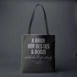 Bolsa Tote Las Vegas Bachelorette Funny Brid Besties Booze T<br><div class="desc">Preto e Cinza engraçadas Las Vegas Bachelorette personalizou a bolsa de tote com "Uma noiva, seus amigos, e bebida... o que poderia dar errado?" citação engraçada na moderna moda grande com sotaque de script de caligrafia e texto personalizado para a ocasião, data e local. Todas as cores e fontes são...</div>