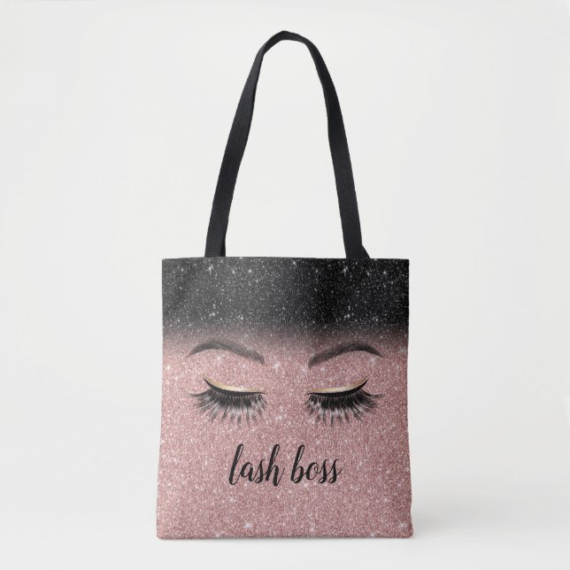 Bolsa Tote Lash Boss Eyelash Salon Rosa Dourado e Black Glitt (Frente)