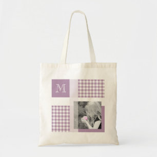 Bolsa Tote Lavanda Adicione Sua Foto Gingham Modern Monograma