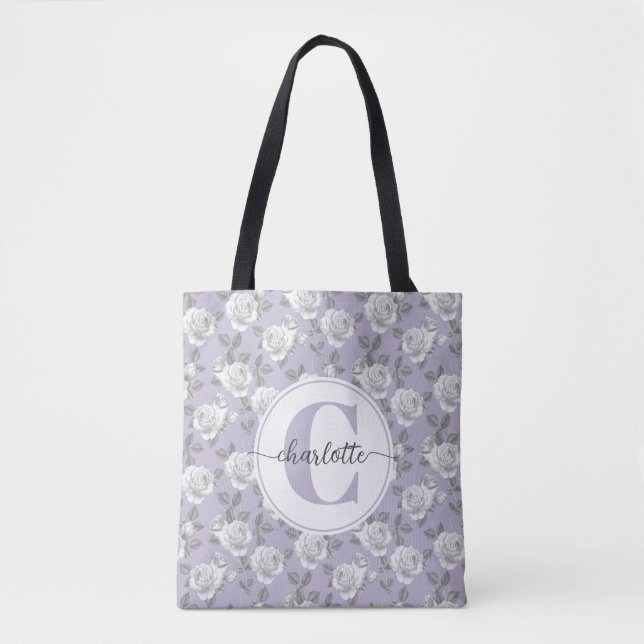 Bolsa Tote Lavanda Elegante do Rosa Garden Monograma (Frente)