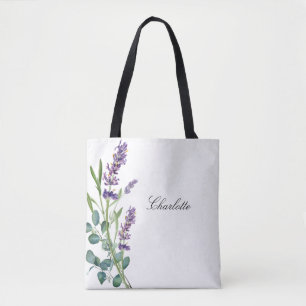 Bolsa Tote Lavanda eucalyptus greenery name script white