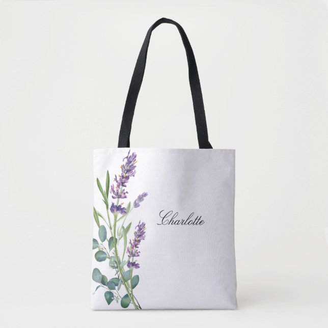 Bolsa Tote Lavanda eucalyptus greenery name script white (Frente)