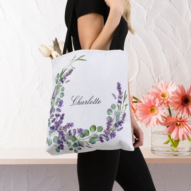 Bolsa Tote Lavanda eucalyptus greenery nome floral script (Criador carregado)