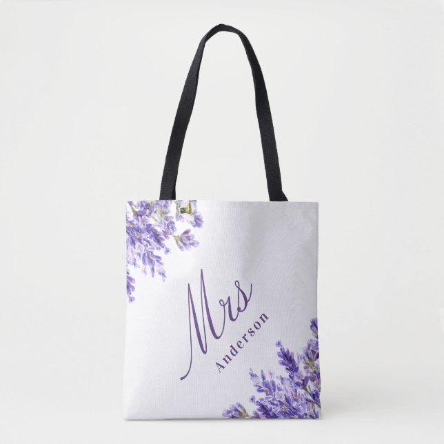 Bolsa Tote Lavanda floral violeta guião mrs nome casamento (Frente)