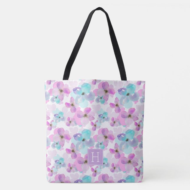 Bolsa Tote Lavanda Flores de Aquarela Monograma (Frente)