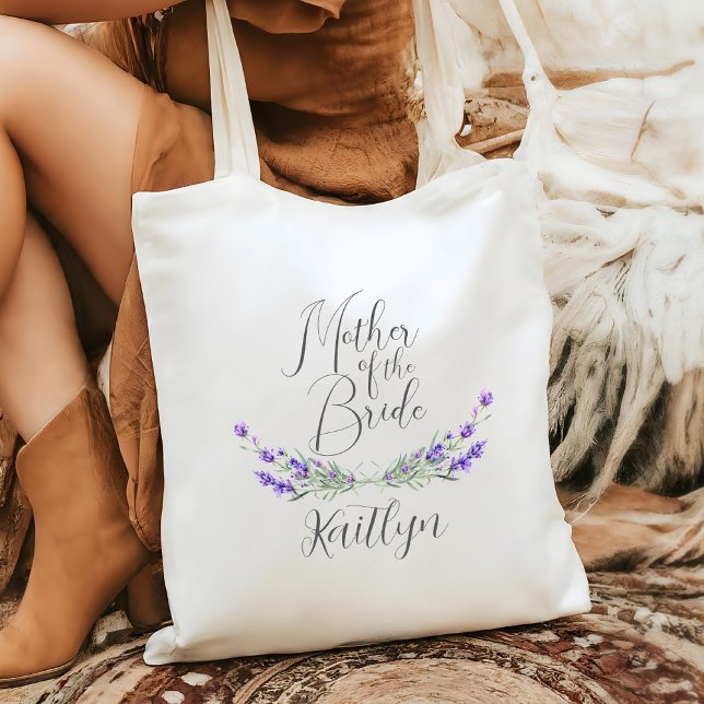 Bolsa Tote Lavanda Laurel Mãe do Casamento da Noiva (Mother of the Bride Wedding Tote with Lavender Laurels and Script Font
)