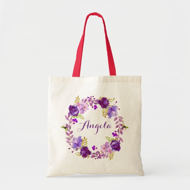 Bolsa Tote Lavanda Purple Lilac Floral Wreath Bridesmaid (Frente)