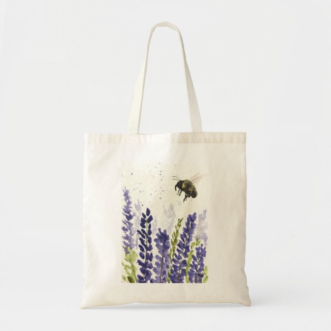 Bolsa Tote Lavender bumblebee watercolor insect Flowers herbs (Frente)