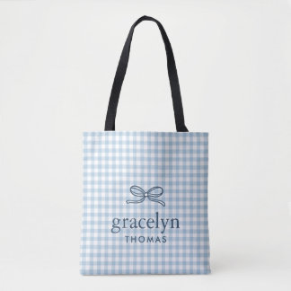 Bolsa Tote Lazo Monograma de Xadrez Azul Céu