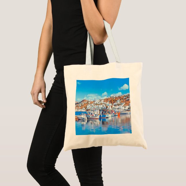 Bolsa Tote ldp MYKONOS - navios de pesca - porto - panorama (Frente (produto))