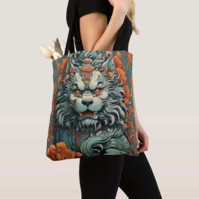 Bolsa Tote Leão da Gripe da Sabedoria (Asian Lion Head Travel Tote Bag, laminated lining for extra support.  Made in the USA. 
)