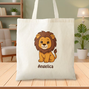 Bolsa Tote Leão de desenho animado fofo com nome personalizad